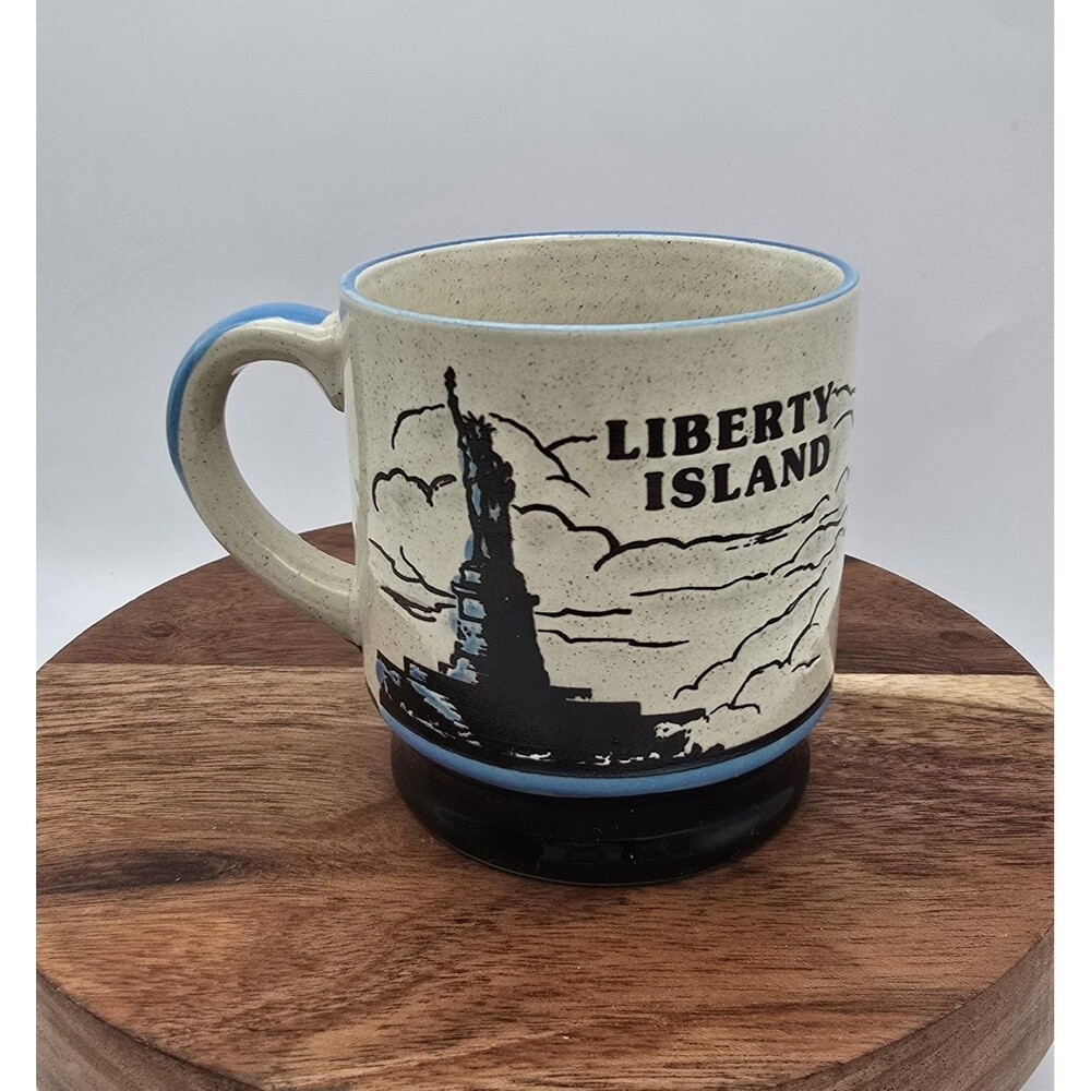 VTG Veramic Coffee Mug Statue Of Liberty Ellis Island Embossed NYC